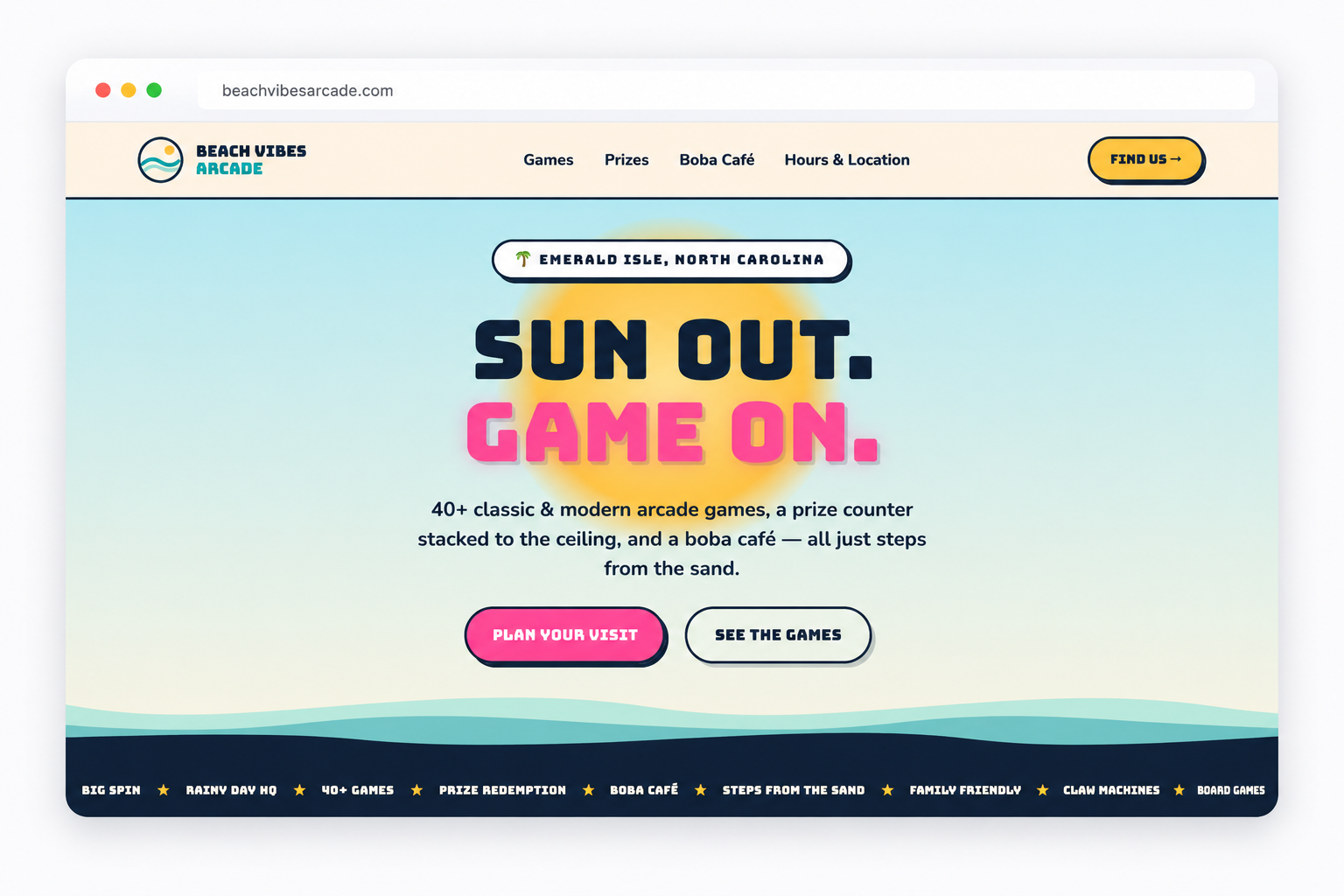 Example website built by Wat Media — Beach Vibes Arcade